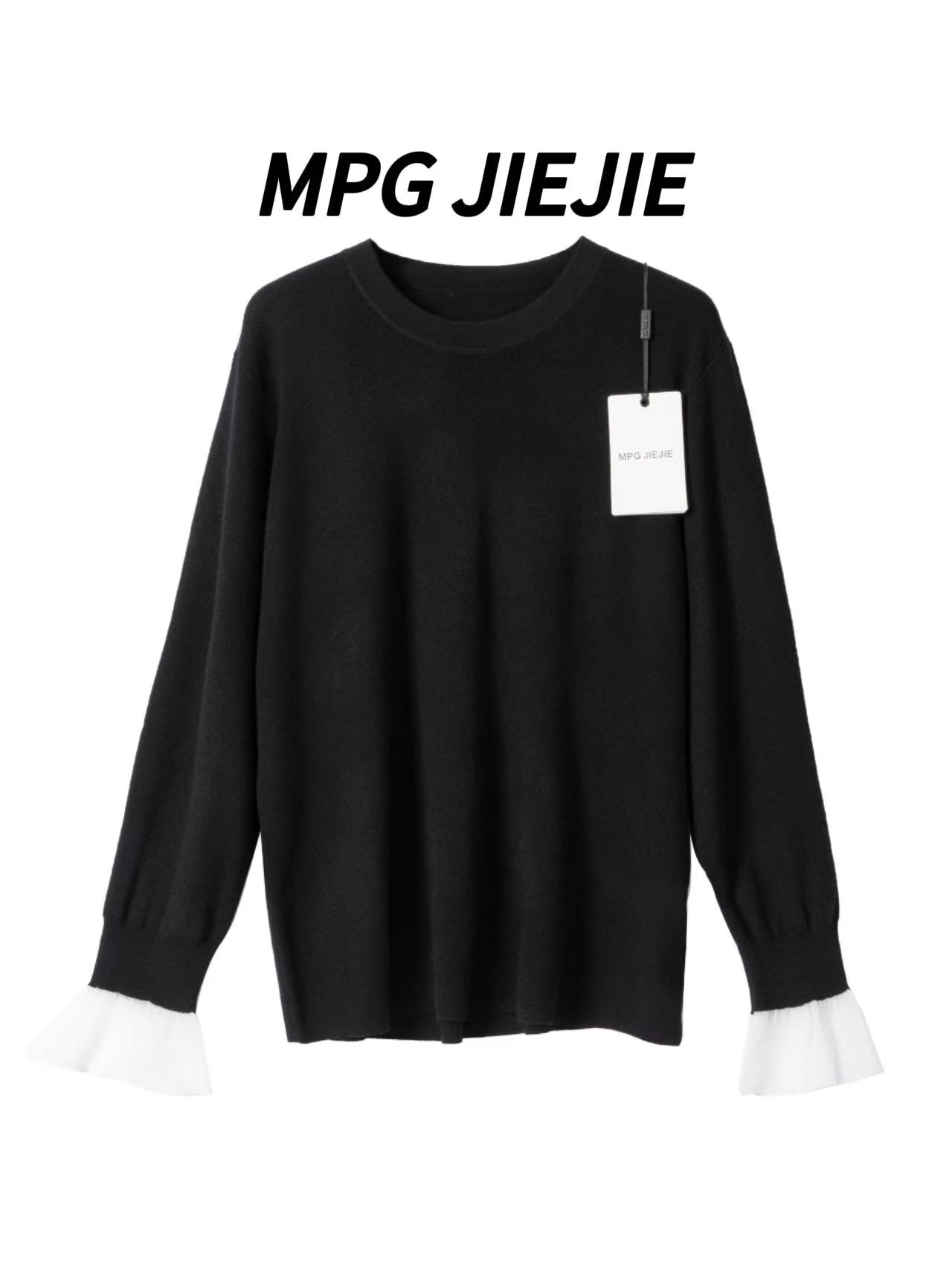 MPG JIEJIE【梦幻女孩】大码早秋拼接正肩针织衫