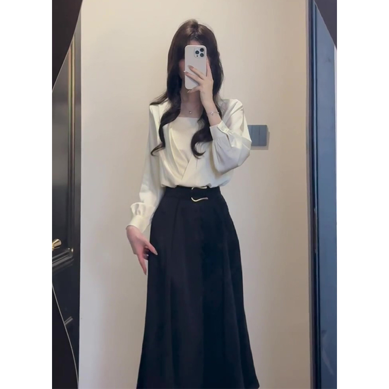2025秋季新款女轻熟风设计感修身衬衫上衣气质缎面高腰显瘦半身裙