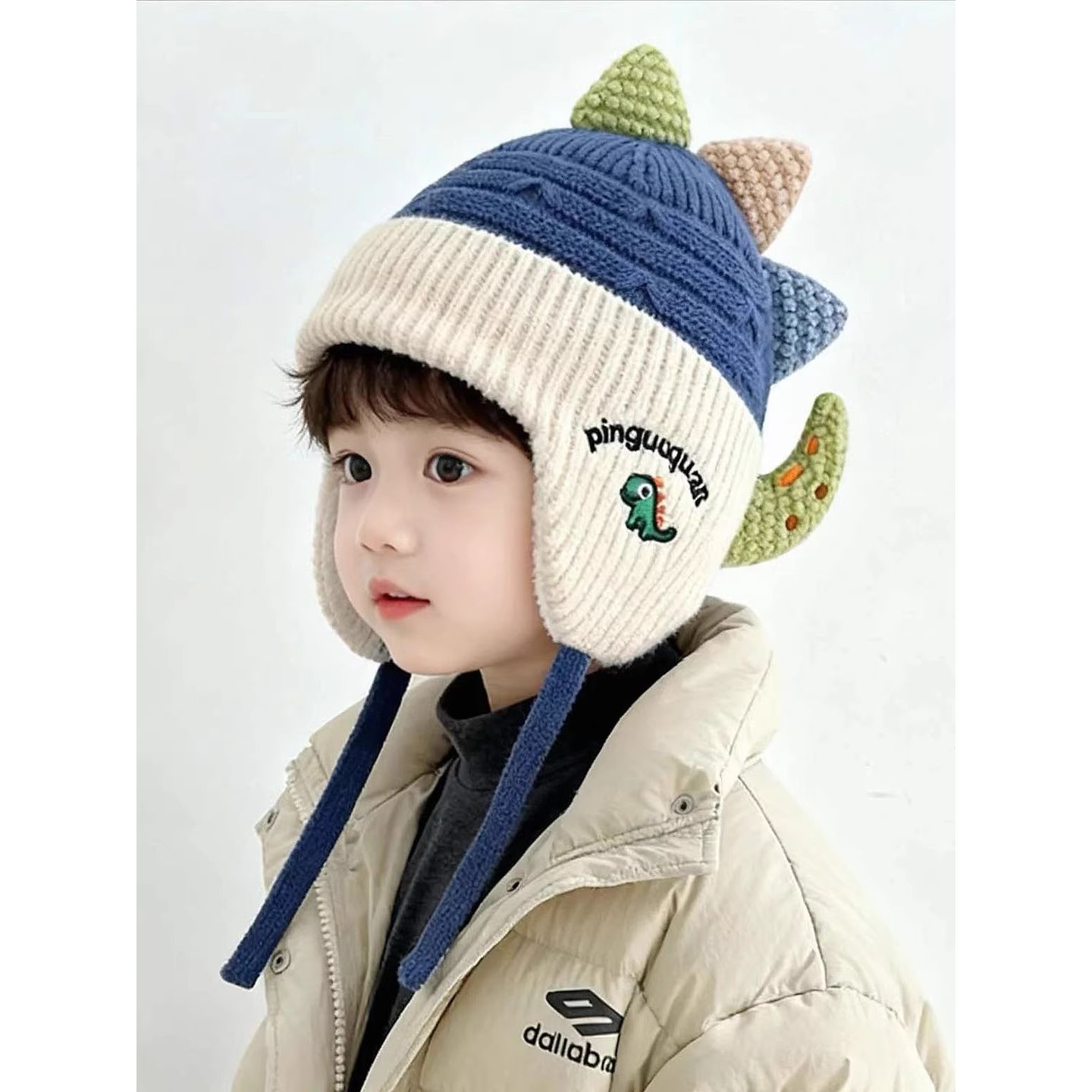 儿童护耳帽子秋冬季男女童萌趣恐龙针织保暖毛线帽宝宝防风套头帽