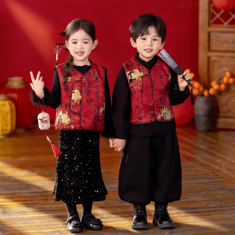 新疆西藏包邮拜年服男女宝宝新中式加绒元旦表演服古装唐装幼儿园