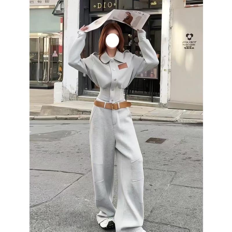 美式复古休闲时尚设计显瘦收腰卫衣长袖宽松弯刀拖地裤套装L1065