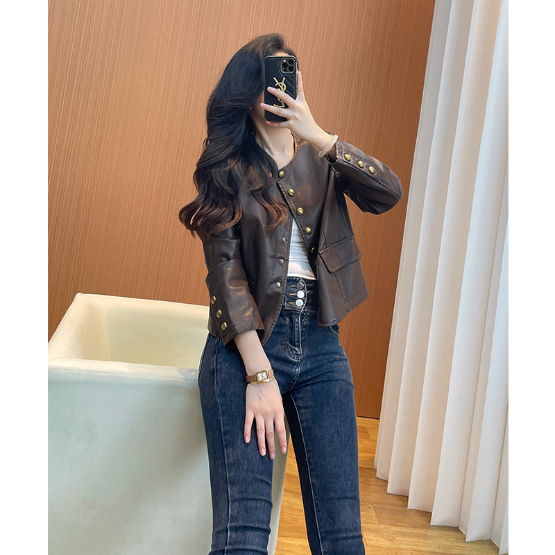 小香风皮衣女款2025新款短款小个子修身显瘦圆领小皮衣外套骑行服