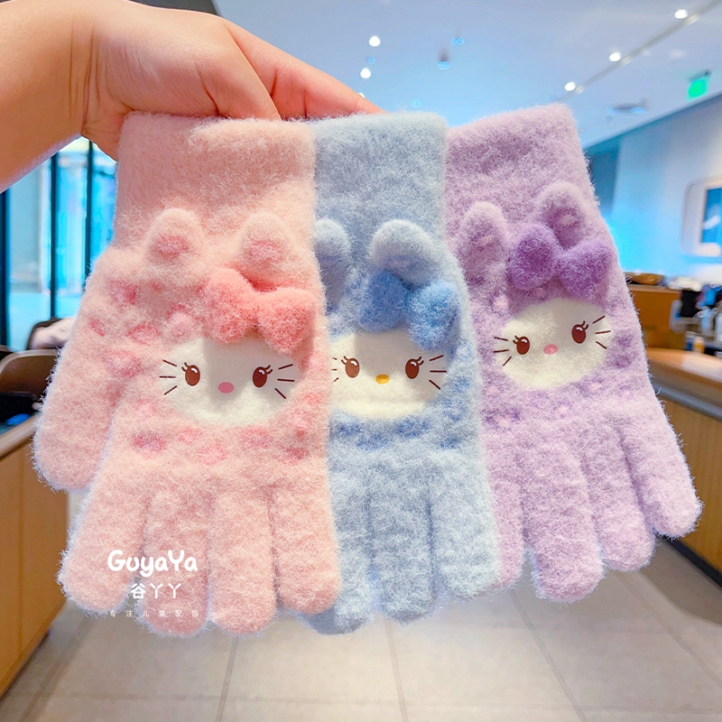 儿童可爱凯蒂猫毛绒手套女童秋冬季保暖防寒防冻学生骑行五指手套