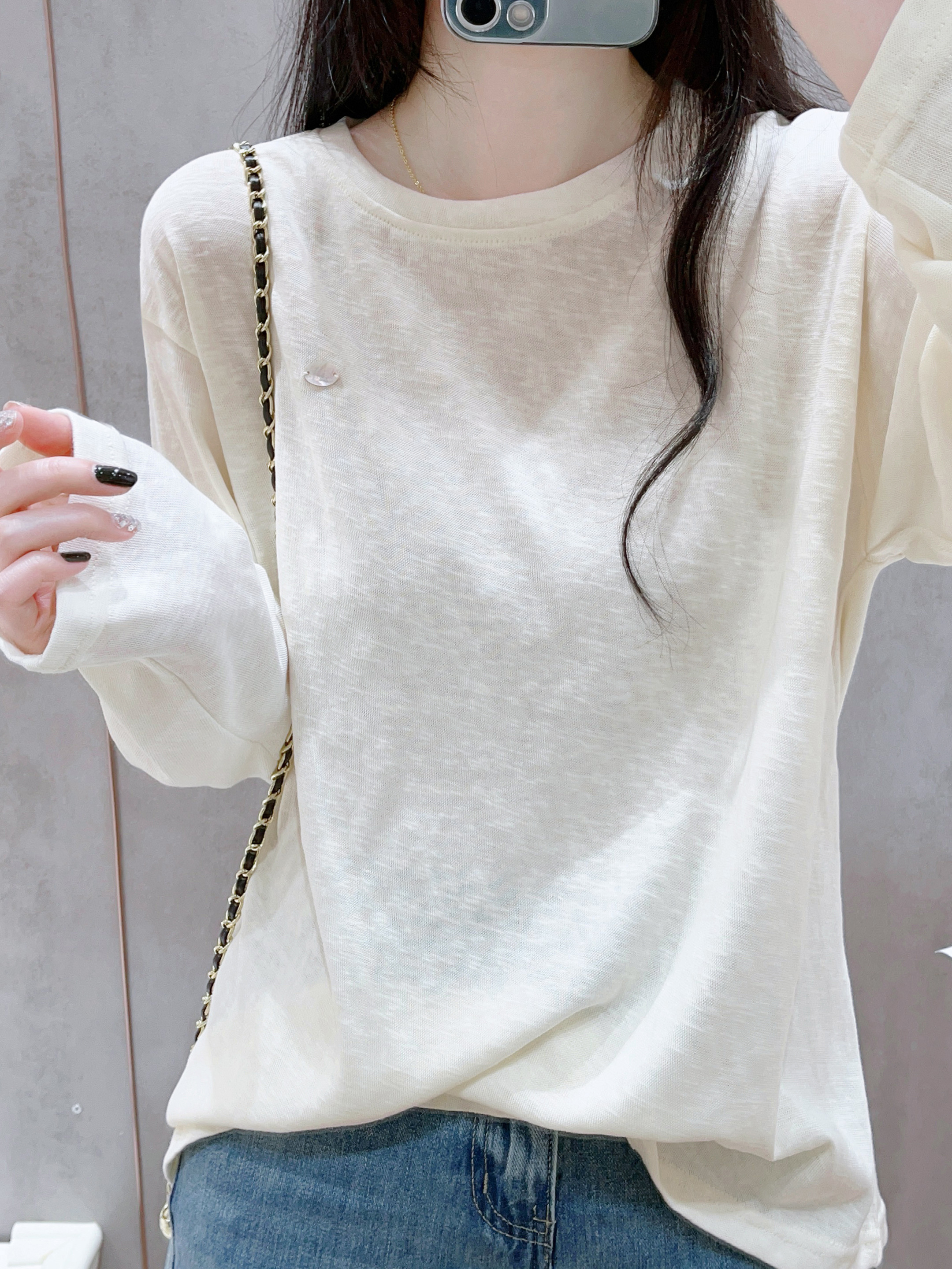 柔软减龄雪花棉长袖T恤内搭秋季女装打底衫宽松圆领休闲百搭上衣