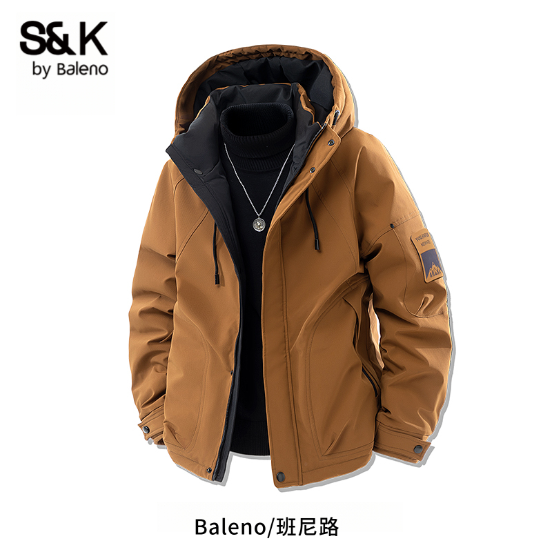 班尼路潮流工装连帽羽绒服男士冬季加绒加厚宽松休闲防寒外套上衣