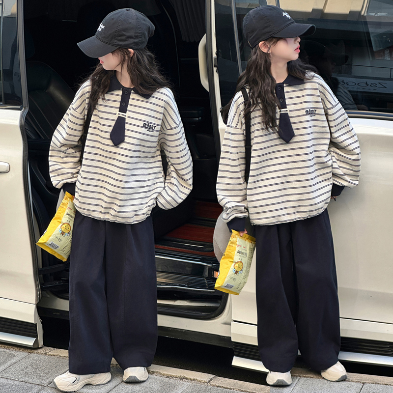 女童秋装套装2025新款中大童网红洋气小女孩春秋款条纹卫衣两件套