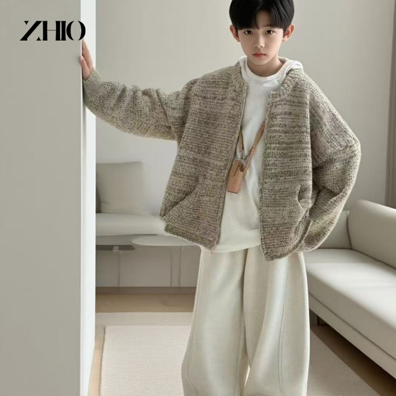 儿童套装秋季新款男童针织线衣外套百搭连帽打底薄绒休闲裤三件套