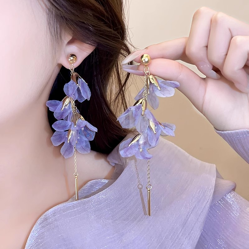 紫色花朵长款流苏耳钉新款小众设计感耳环女度假风夏季耳饰3731