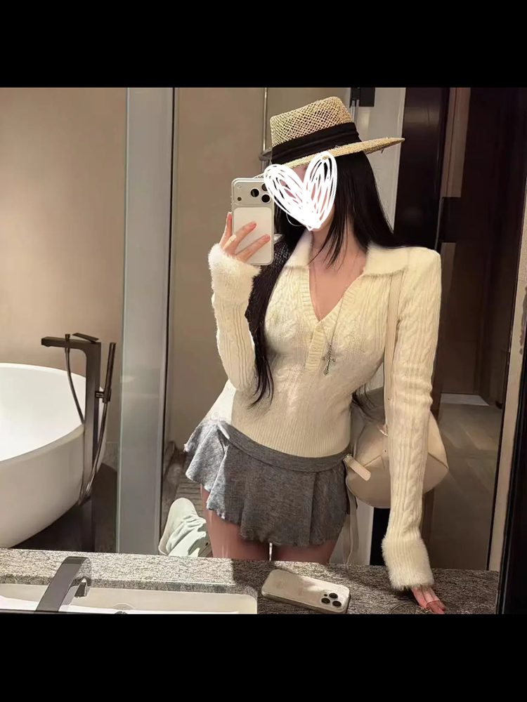 韩版纯欲风北极绒毛毛翻领设计感女麻花休闲显瘦针织长袖毛衣上衣