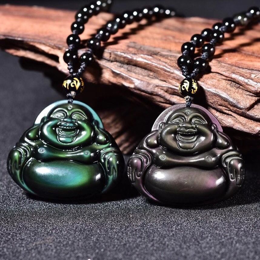 天然黑曜石彩虹眼佛公吊坠女士项链大肚弥勒佛笑佛男士挂件毛衣链