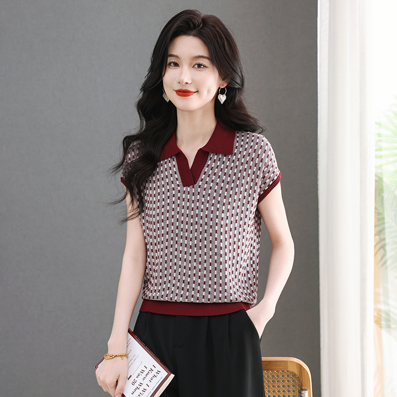 翻领条纹天丝短袖t恤女士夏装2025新款女装宽松蝙蝠衫遮肚子上衣