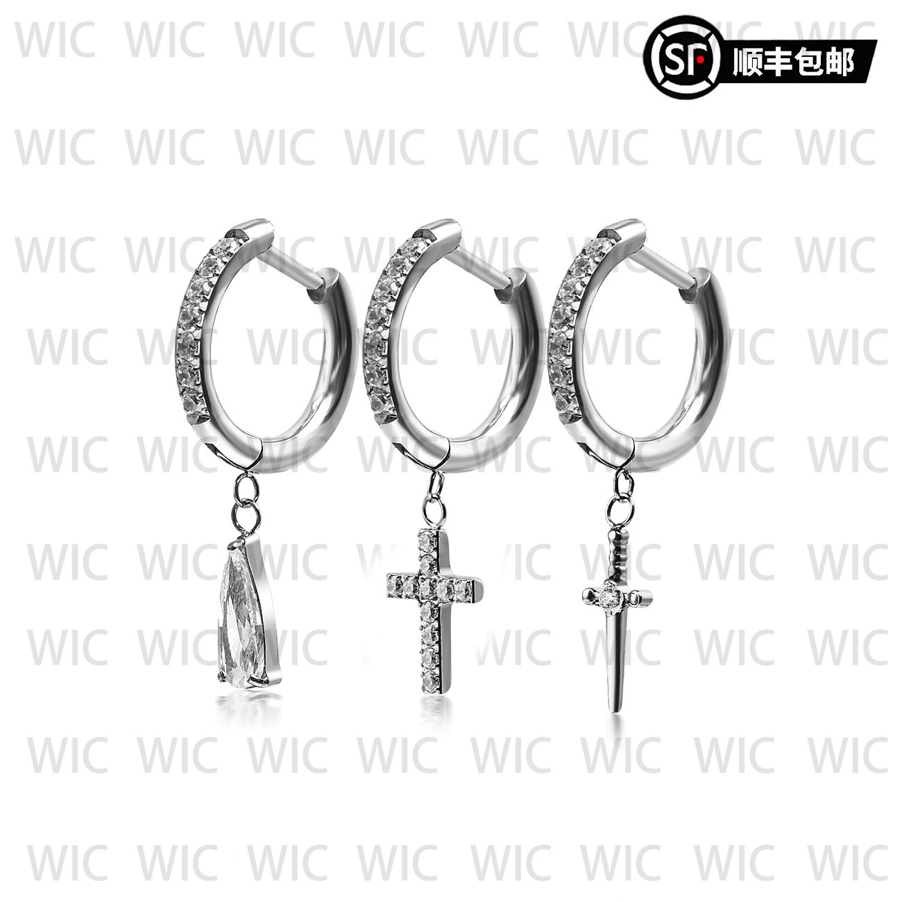 WIC 钛合金锆石耳饰 直针十字架耳环TA-F136钛合金CNC切割耳坠