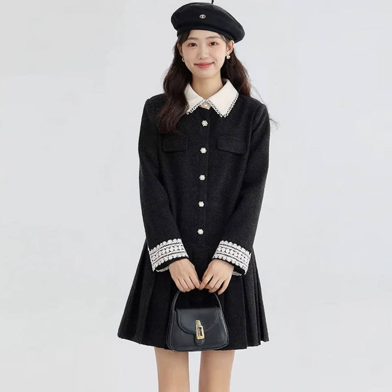 奢姿大码女装2025冬季撞色翻领袖口花边设计感气质连衣裙百褶裙