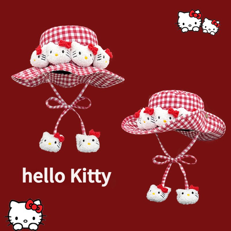 【kitty猫玩偶】可爱渔夫帽女大帽檐防紫外线遮阳防晒百搭格子盆帽