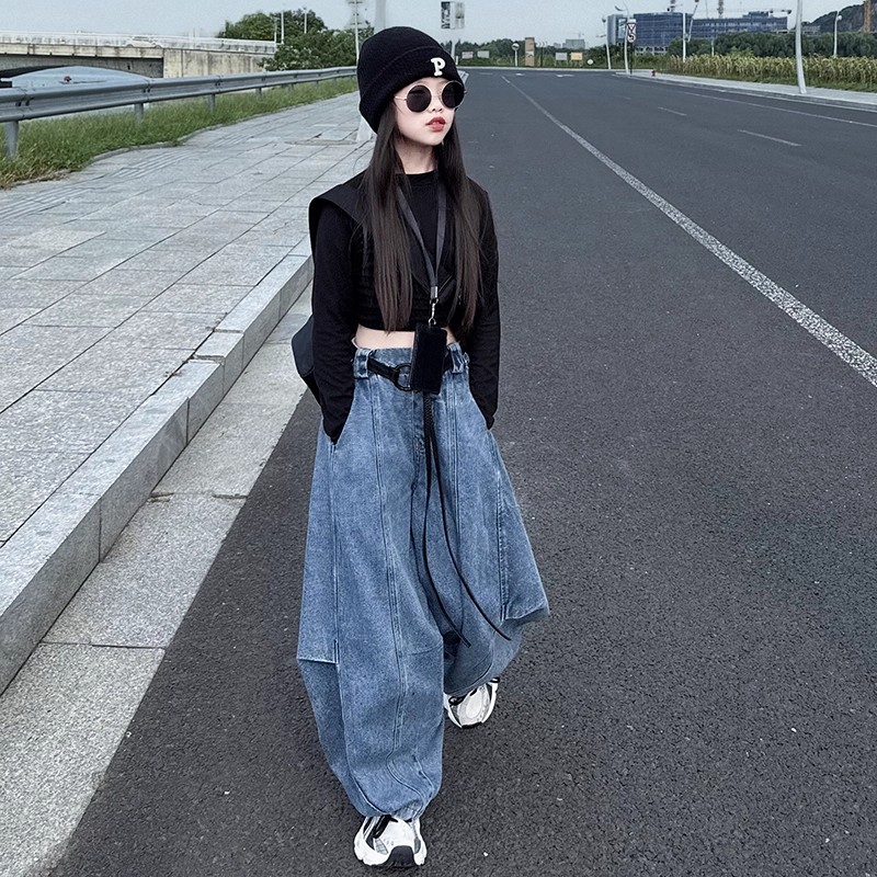女童2025春秋时髦炸街牛仔裤中大童洋气街舞弯刀裤女孩阔腿香蕉裤