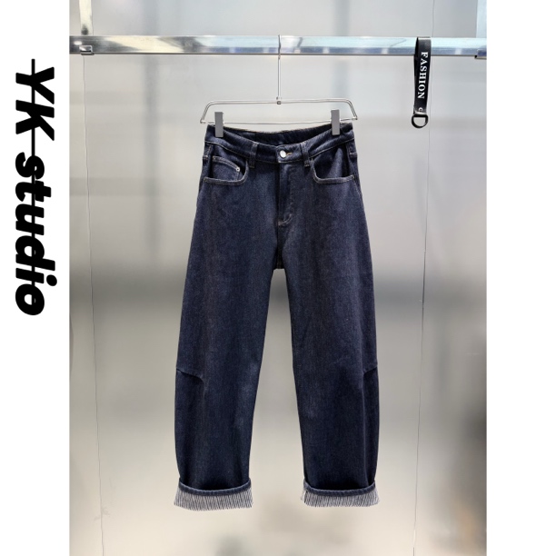 加厚水洗高级垂感丹宁弯刀香蕉直筒百搭大码结构裁剪普洗蓝牛仔裤