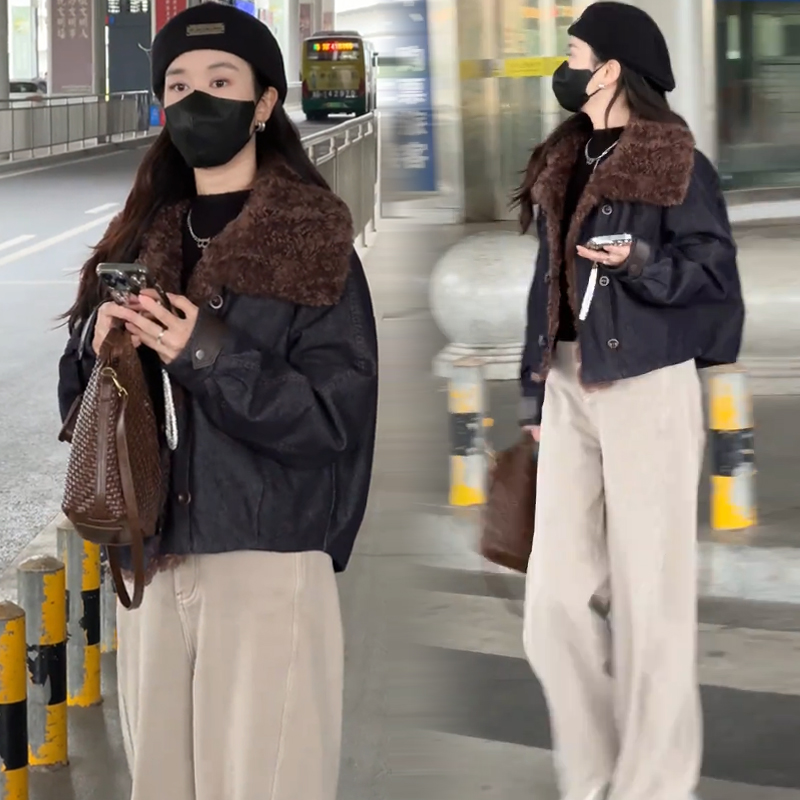 七奈 「卡香」简约毛领长袖单排扣牛仔夹克时尚大翻领加厚短款外套