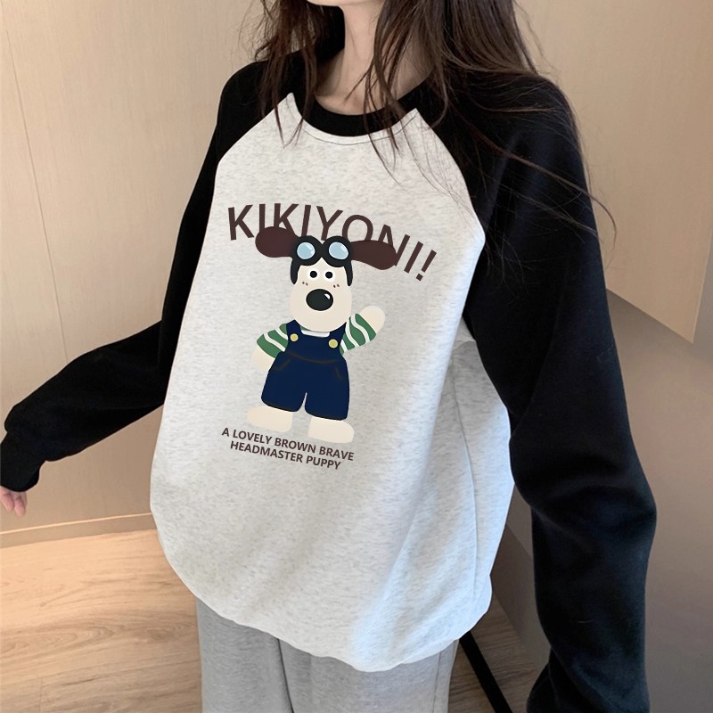 凯颂大码300斤卡通潮流小狗拼色插肩袖卫衣男女秋冬宽松显瘦上衣