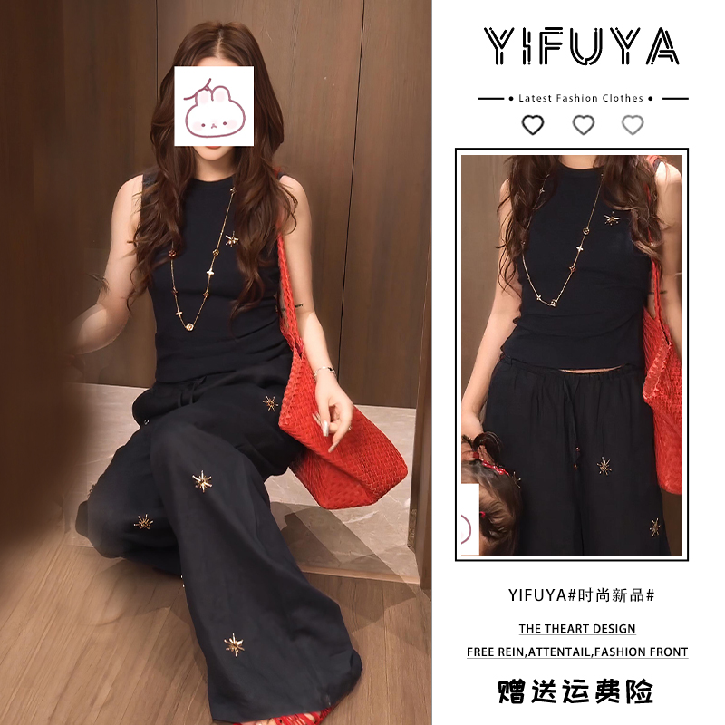 2025年夏季时尚高级感针织上衣重工刺绣阔腿裤气质减龄高级感套装