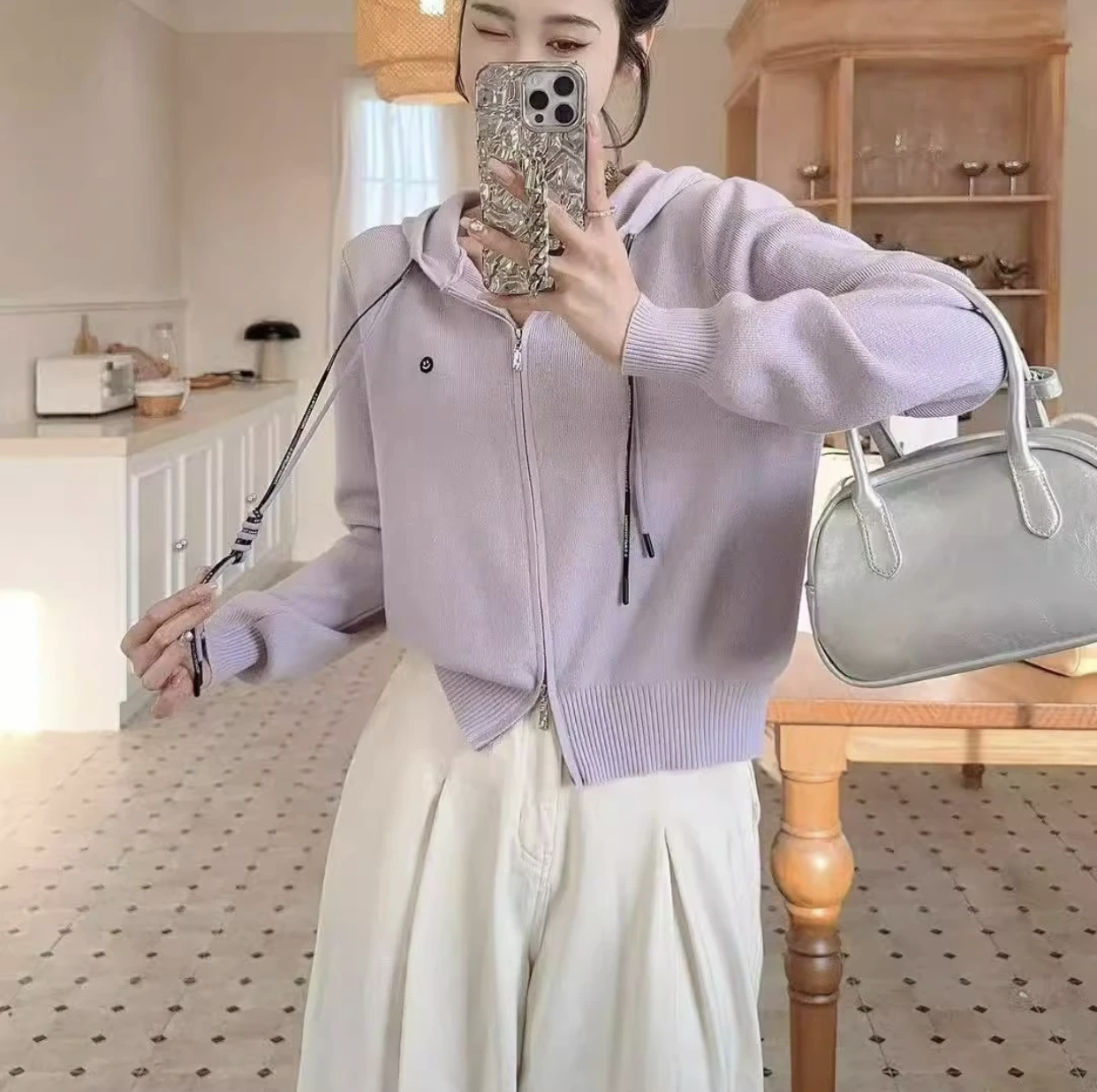 连帽双拉链软糯长袖针织开衫毛衣外套女春季时尚气质帽衫休闲上衣