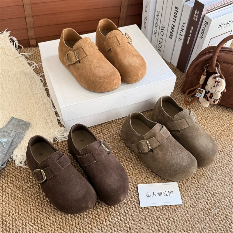 勃肯鞋女2025新款秋季复古厚底内增高时尚增高一脚蹬平底乐福单鞋