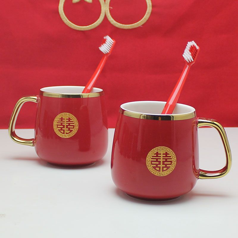 结婚洗漱陶瓷杯子一对中式婚礼陪嫁套装红色漱口大肚杯刷牙杯牙刷