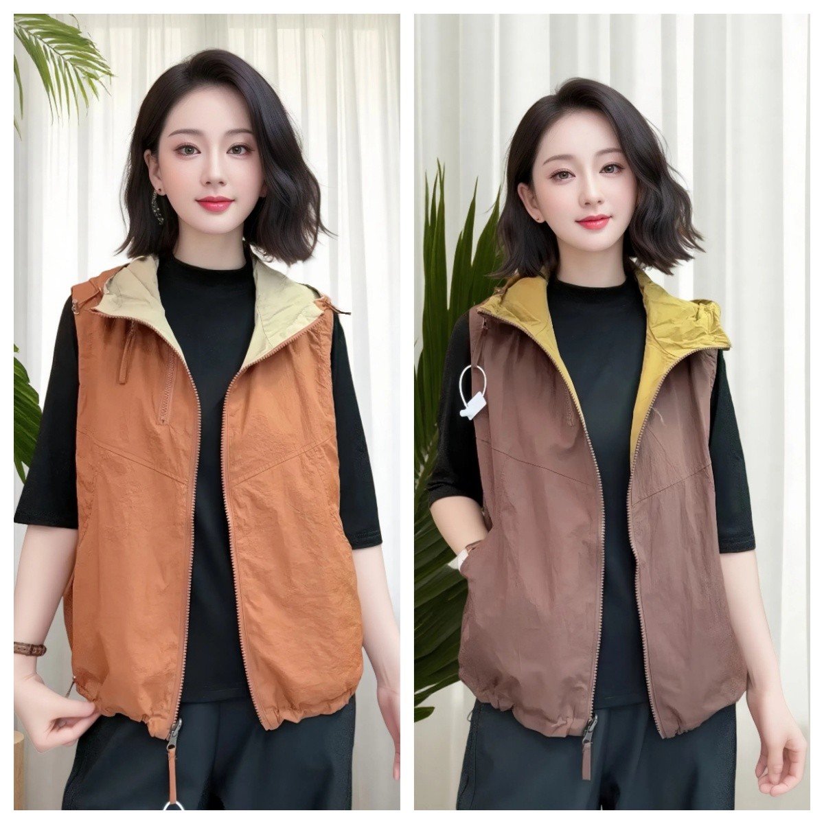 拼色两面穿秋季新款连帽休闲双面穿撞色百搭纯色轻薄拉链马甲女