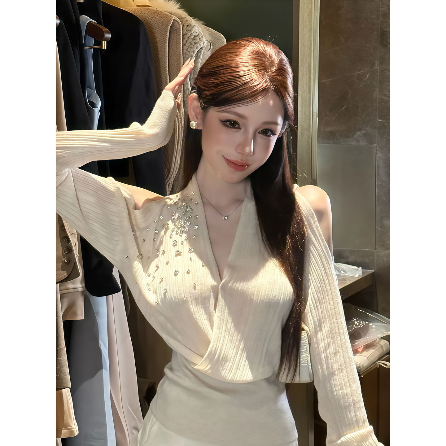纯欲风辣妹V领长袖露肩针织衫女秋季新款修身显瘦小众设计感上衣