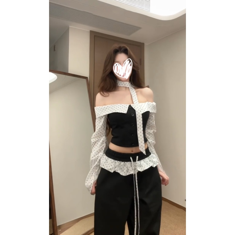 梦优莱痞帅炸街风一字肩拼接波点长袖T恤早秋新款修身显瘦上衣女