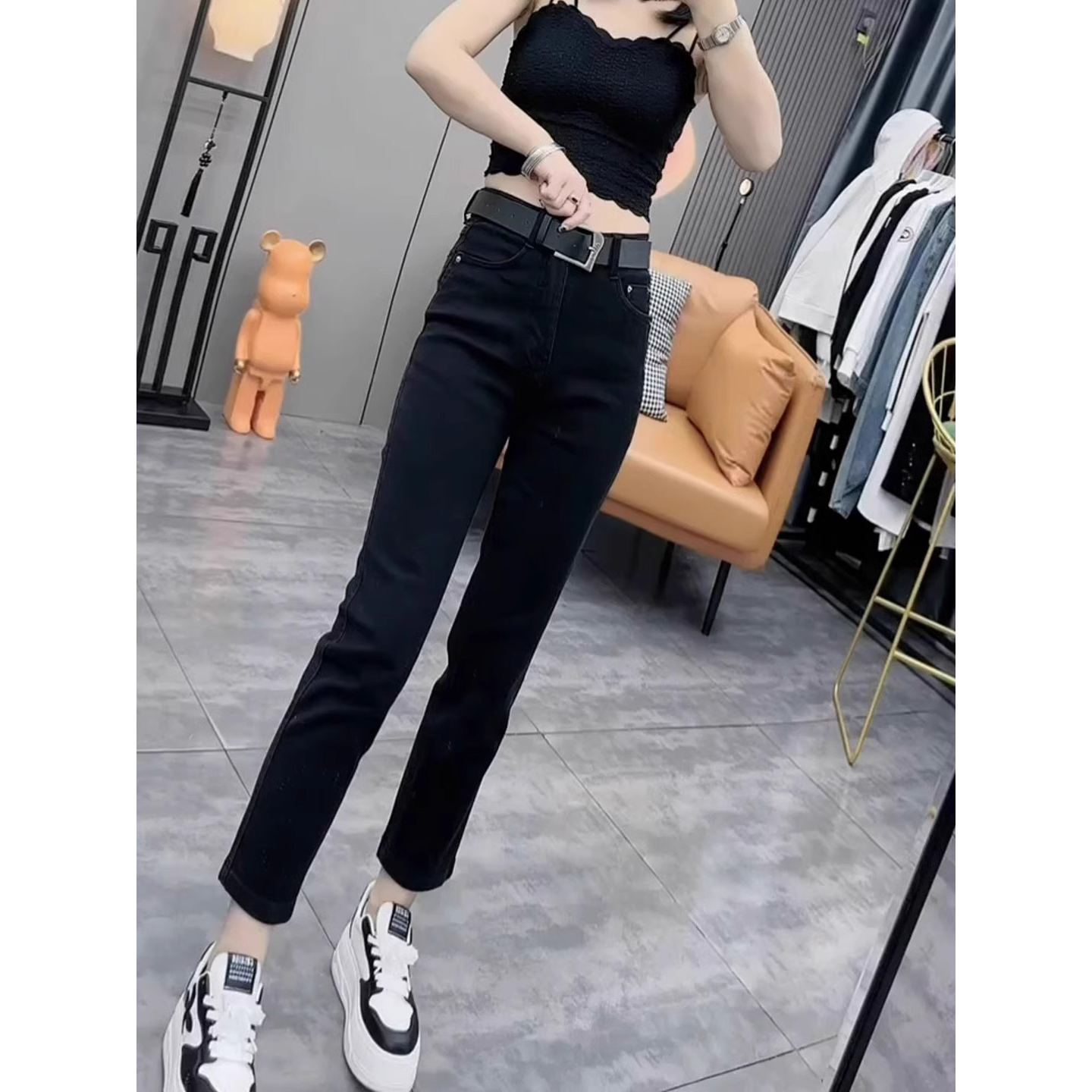 黑色烟管牛仔裤女八分小个子2025年春夏季高腰窄版烟管九分直筒裤