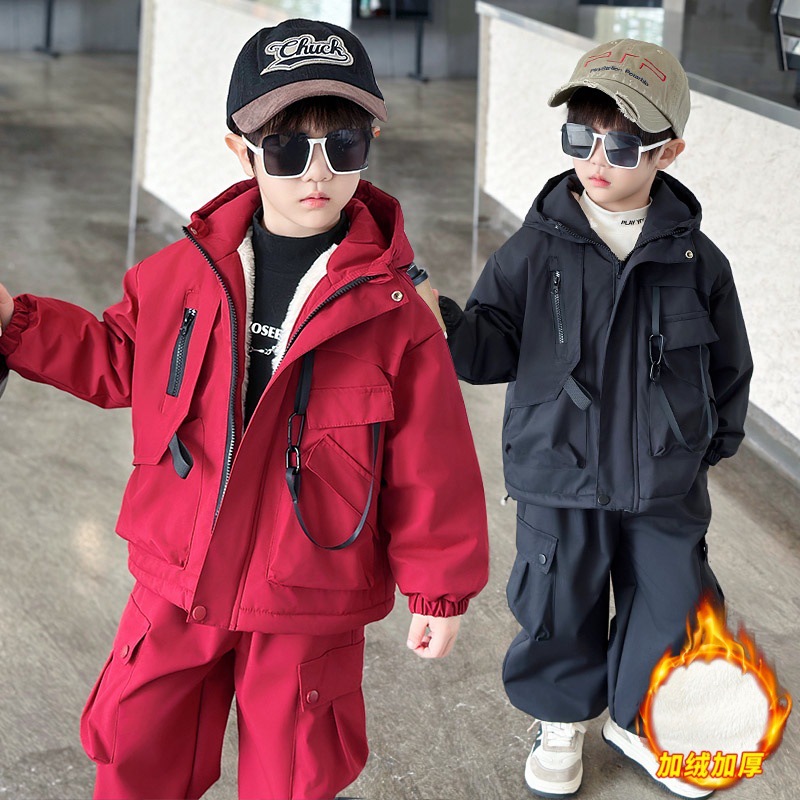 【沫沫家】男女童加绒加厚工装套装秋冬帅气纯色两件套痞帅衣服潮