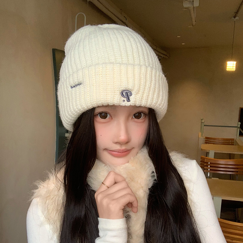 韩版简约刺绣针织毛线帽子女秋冬保暖防寒百搭套头帽男极简风冷帽