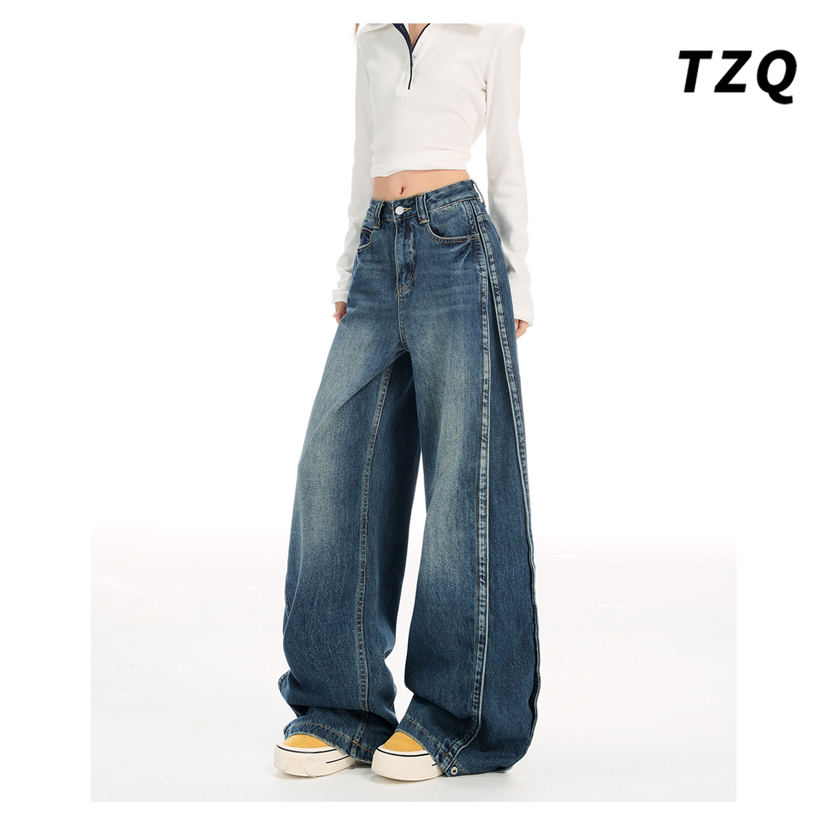 美式复古蓝色工装弯刀牛仔裤女春秋季设计感宽松镰刀裤TZQ2582434