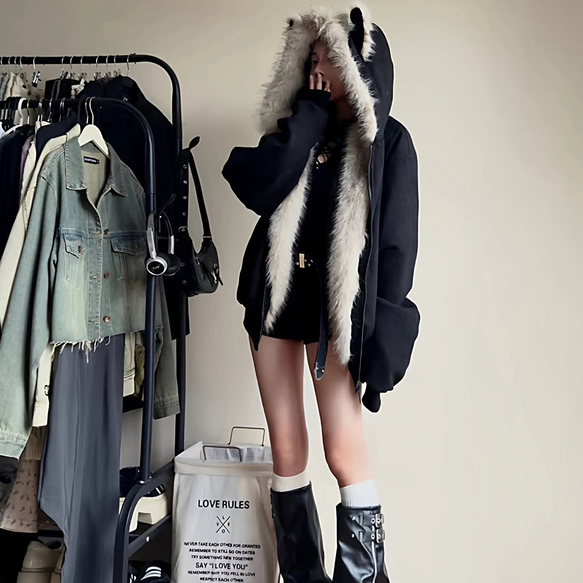 人造毛领夹棉座山雕猫耳朵外套男女秋冬季加厚保暖情侣装棉衣外套