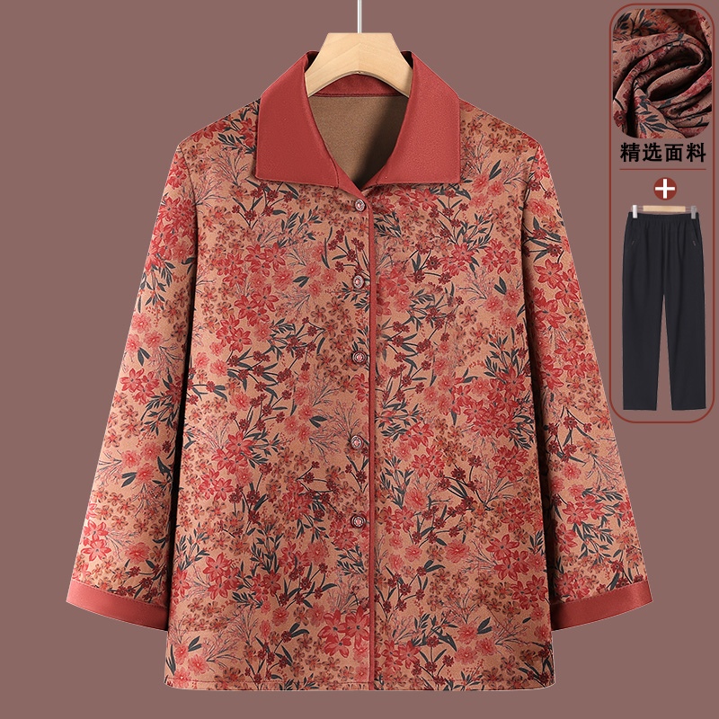 中老年人春秋衬衣奶奶花色衬衫女长袖套装老太太老人衣服妈妈新款