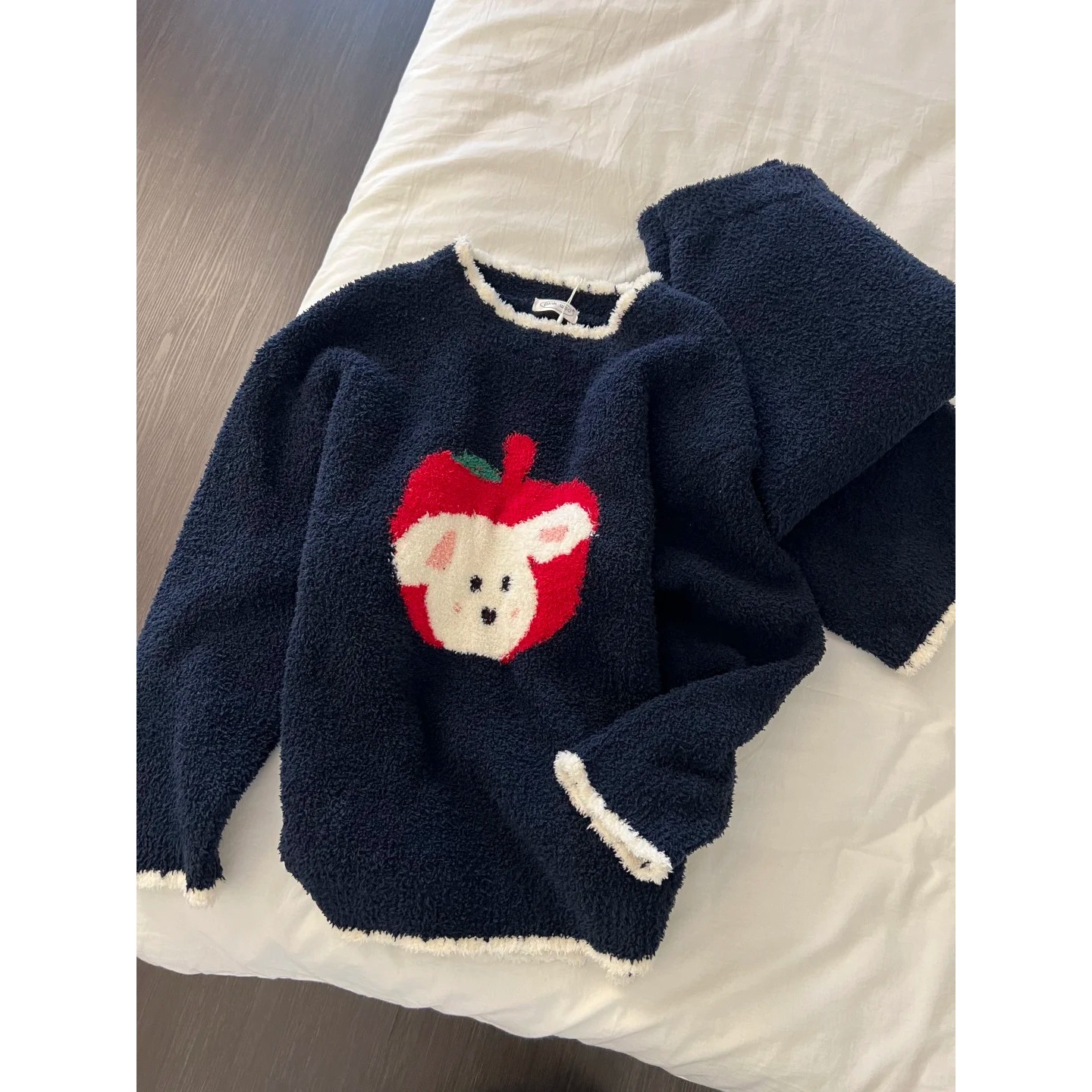 韩系苹果小狗针织半边绒睡衣女秋冬新款加绒加厚保暖家居服套装