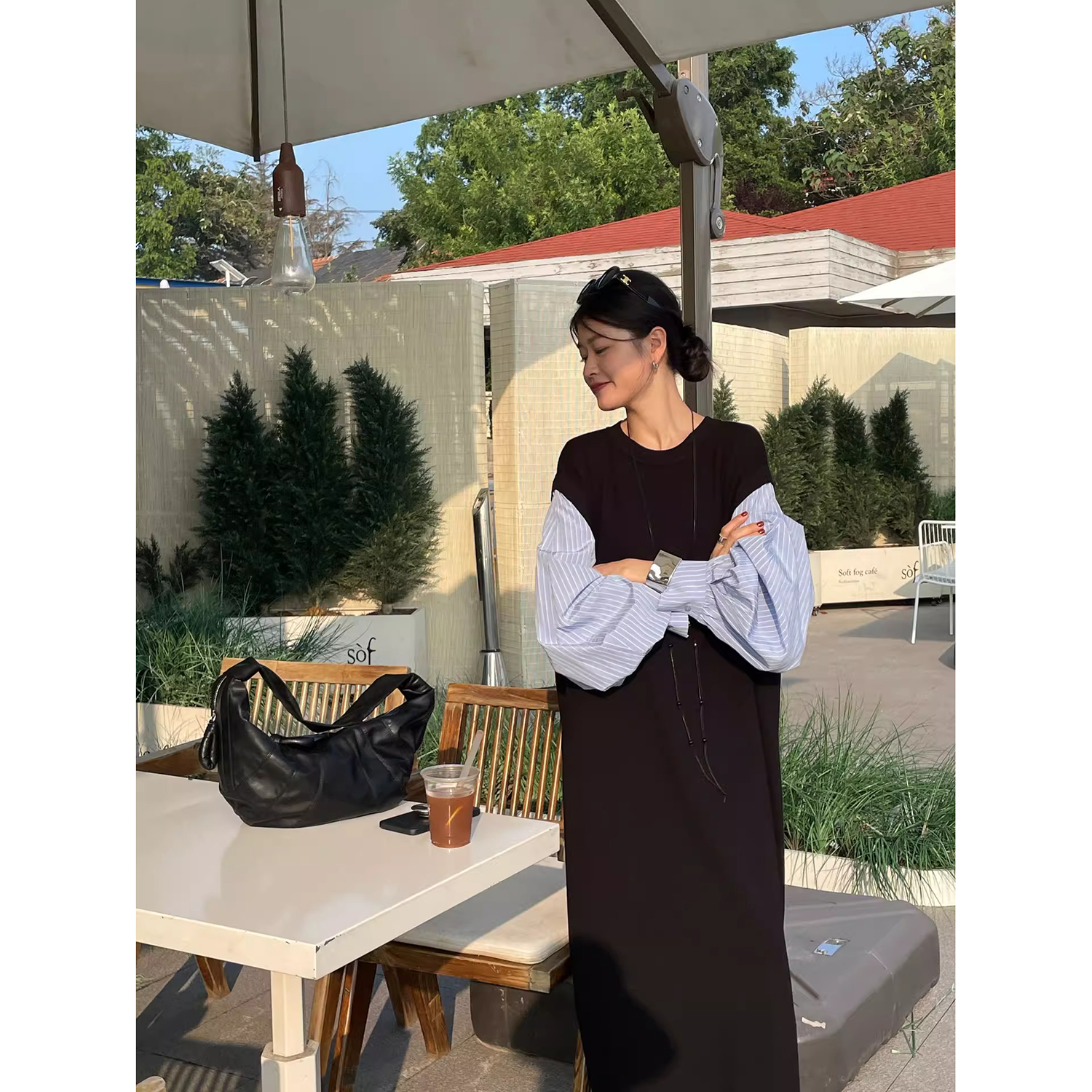 2025秋季新款假两件衬衫袖拼接连衣裙法式宽松显瘦高级长裙女