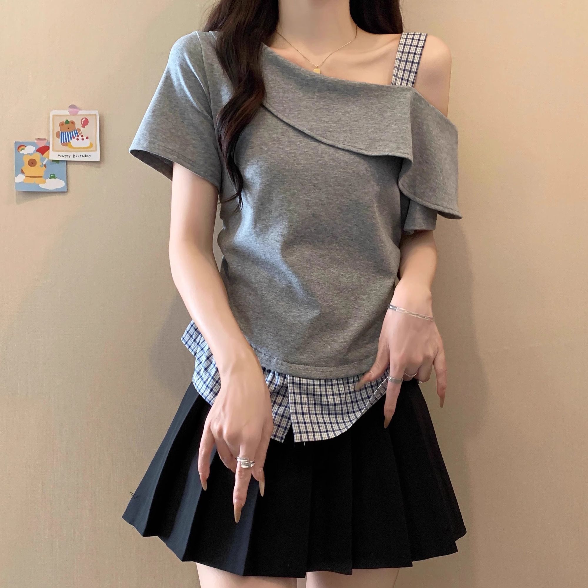 特大码200斤法式日系斜肩收腰设计感正肩别致短袖t恤女夏别致上衣