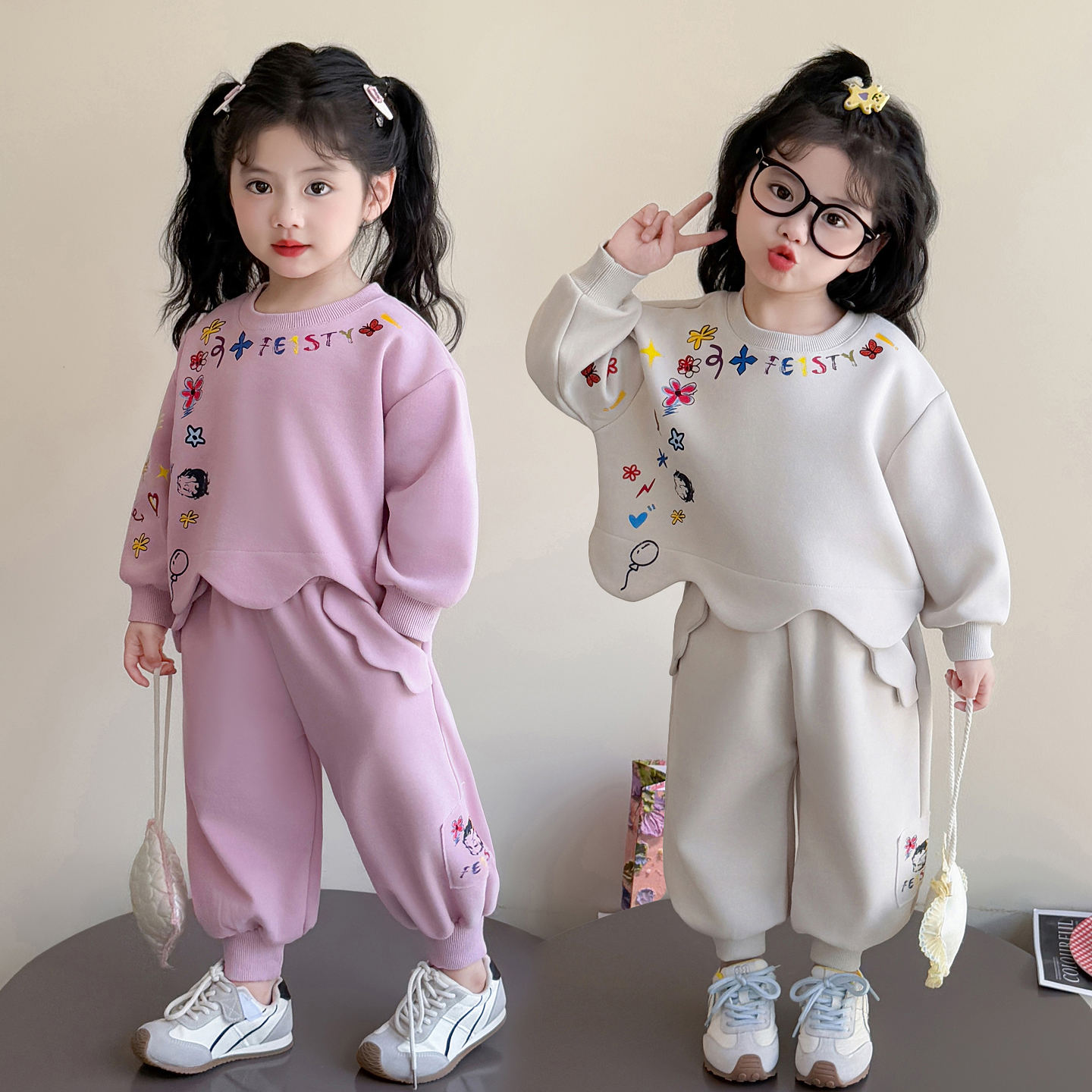 女童套装洋气卡通甜美儿童休闲卫衣两件套女孩宝宝春秋装2025新款