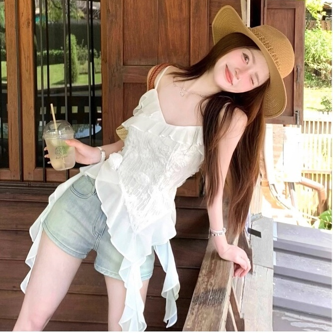 2025新款不规则吊带裙背心女小个子外穿夏季叠穿白色蕾丝花边上衣