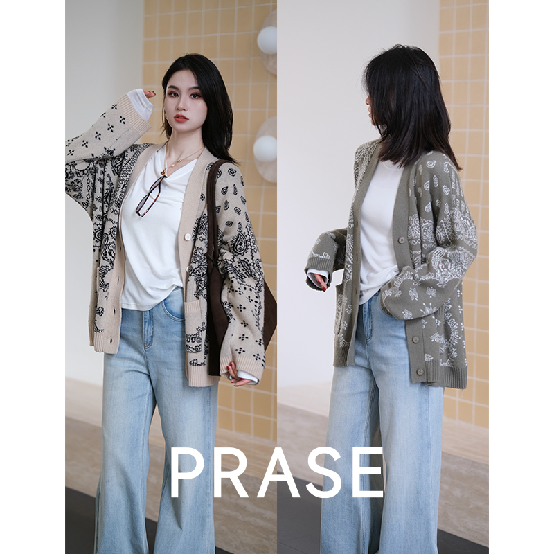 PRASE·噜【织梦间】微胖轻奢设计款秋法式重工提花毛织外套PR508E10