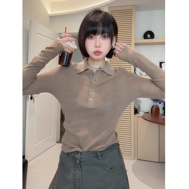 胖mm简约百搭老钱风POLO领长袖针织衫女秋冬大码修身显瘦内搭上衣