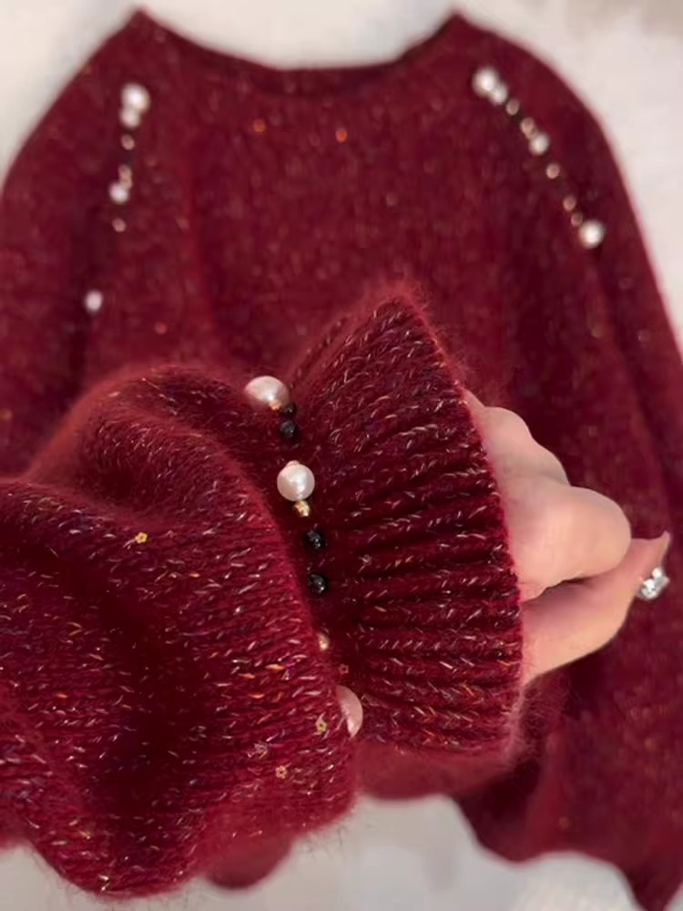 韩系高级感气质珍珠毛衣2025秋冬新款千金风洋气休闲百搭针织长袖