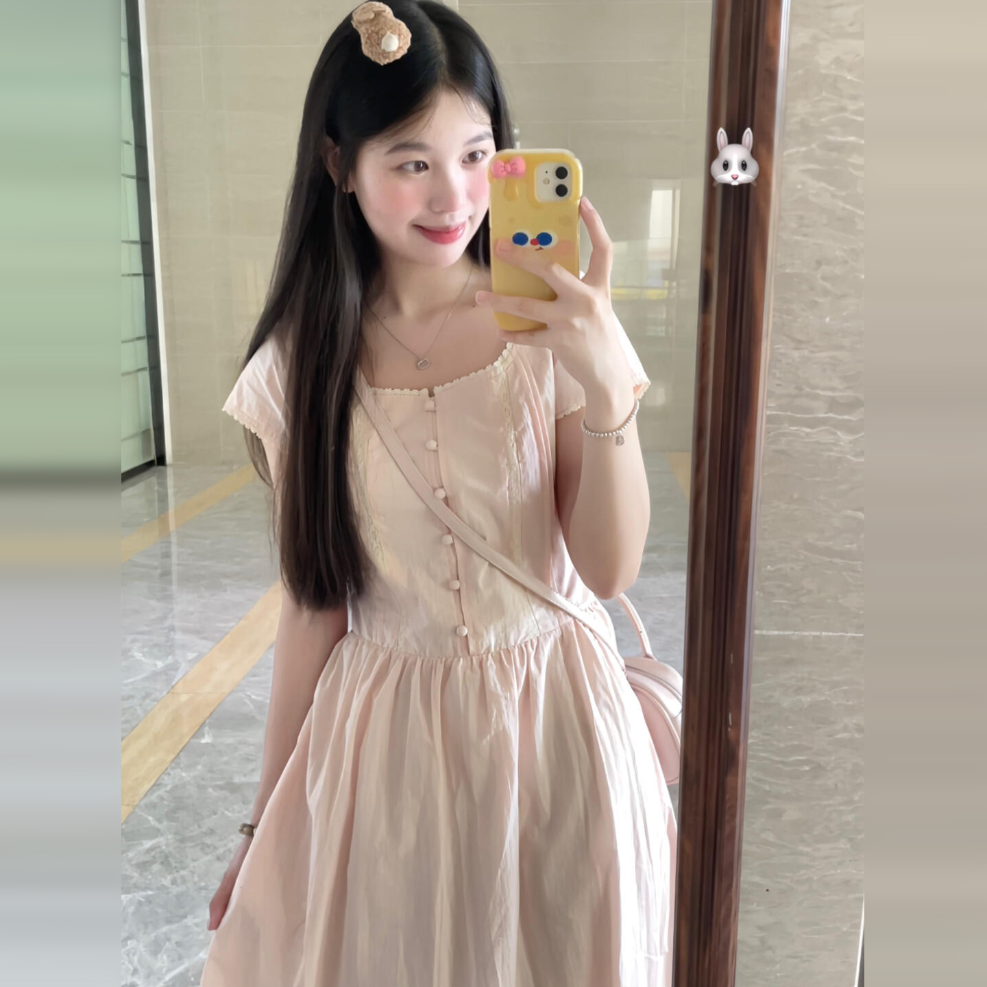 夏天巨好看的小个子粉色短袖连衣裙子女夏季2026新款微胖显瘦长裙