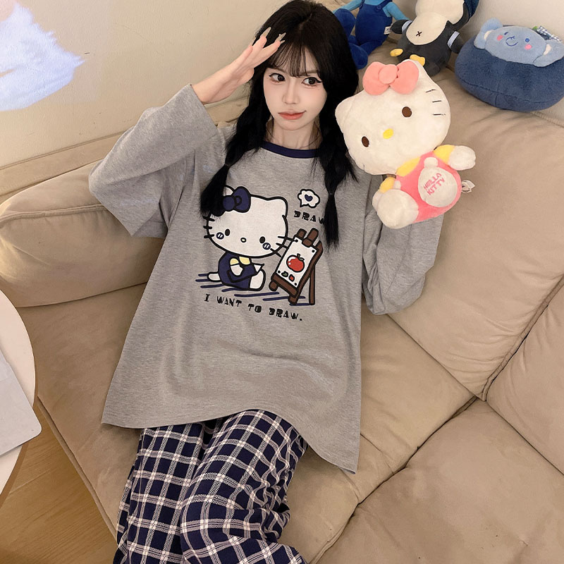 纯棉睡衣女春秋季长袖可爱卡通加大码200斤学生可外穿家居服套装