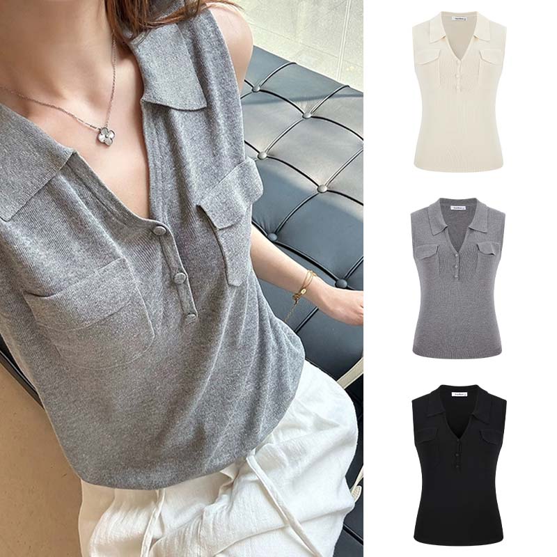 Moses Queen/魔西女王修身无袖V领针织背心气质夏季常规薄款上衣