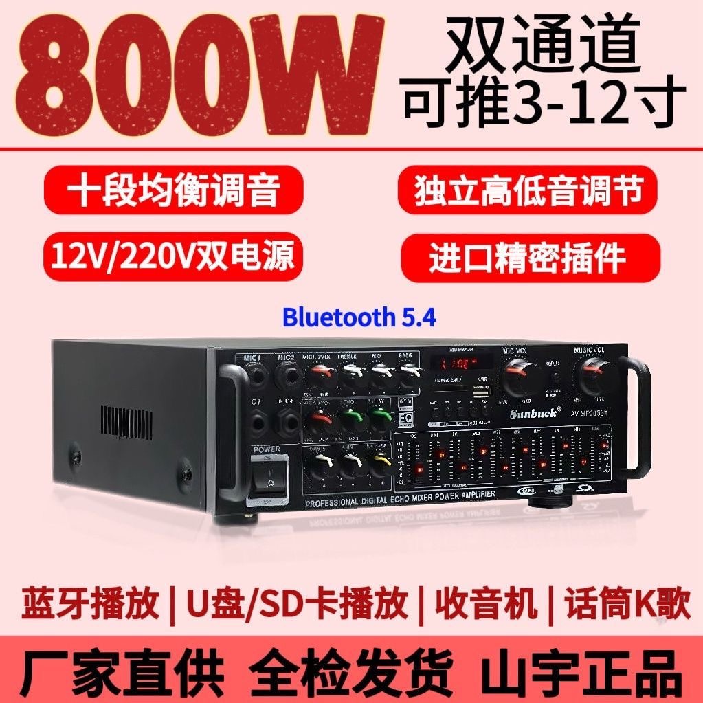 220V家用大功率蓝牙EQ均衡器12V广场舞车载户外音响功放机