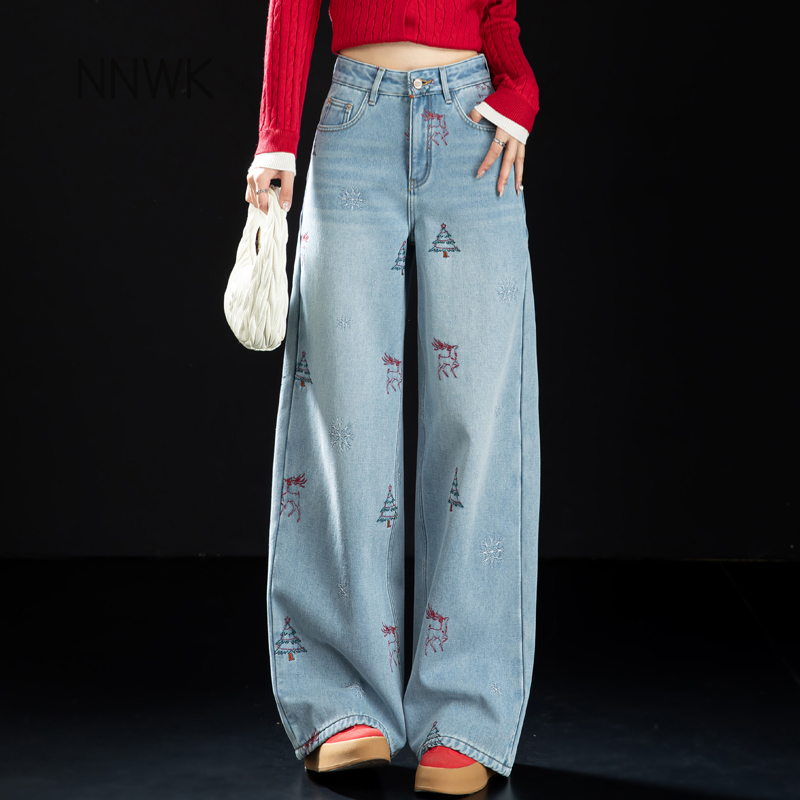 圣诞穿搭加绒牛仔裤女2025秋冬新款潮牌女装高腰阔腿裤直筒长裤子