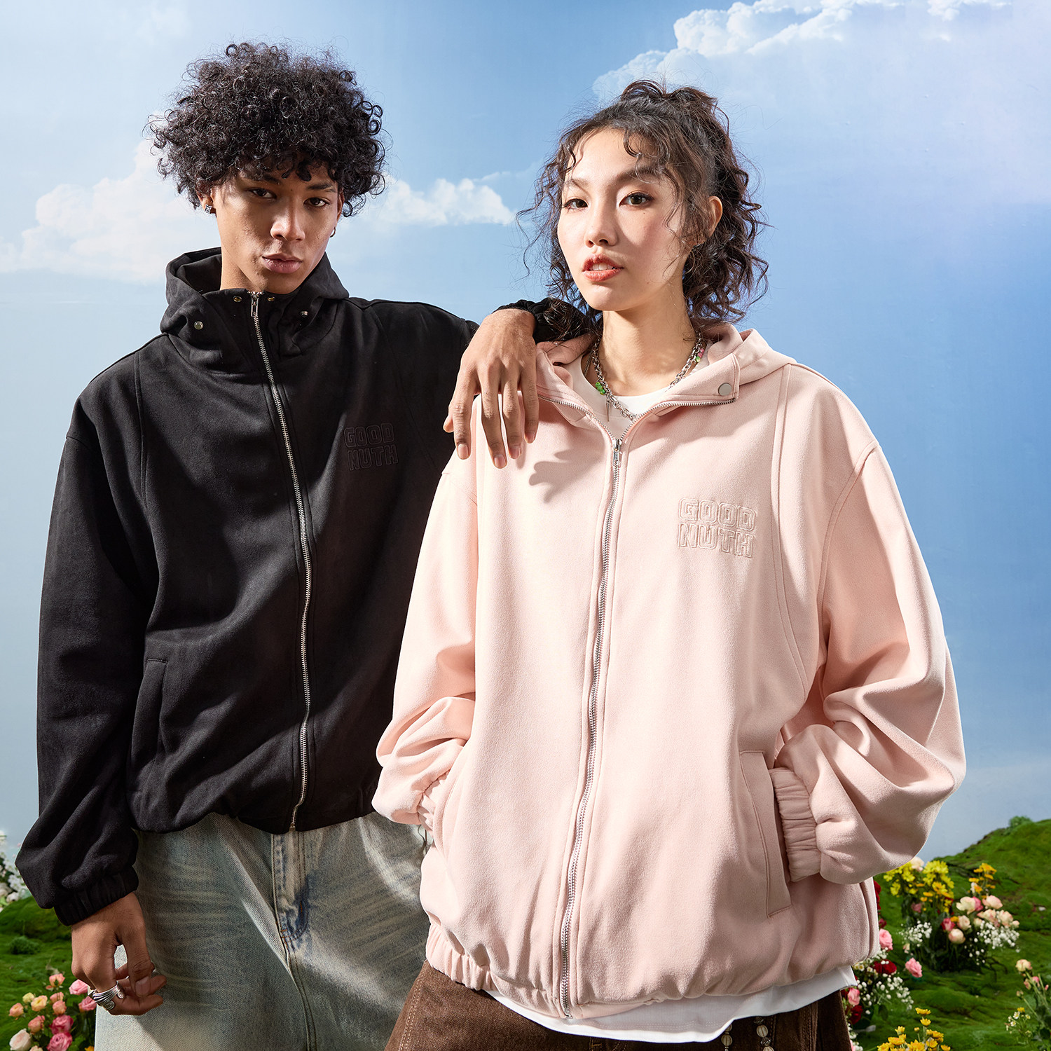 美式复古开衫外套字母刺绣高领拉链连帽卫衣男女2025冬季新上衣