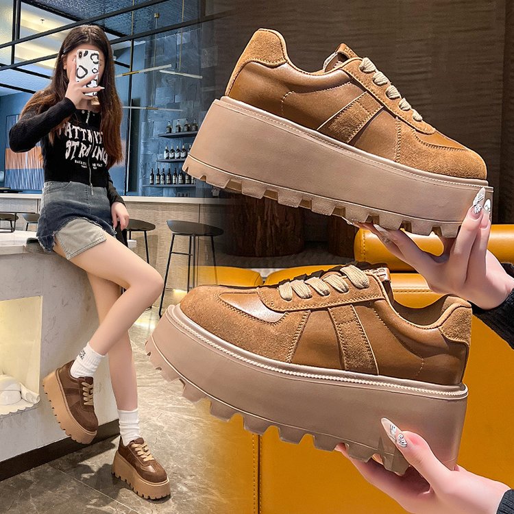 7cm厚底真皮松糕板鞋女2025秋季新款小个子增高老爹鞋休闲运动鞋